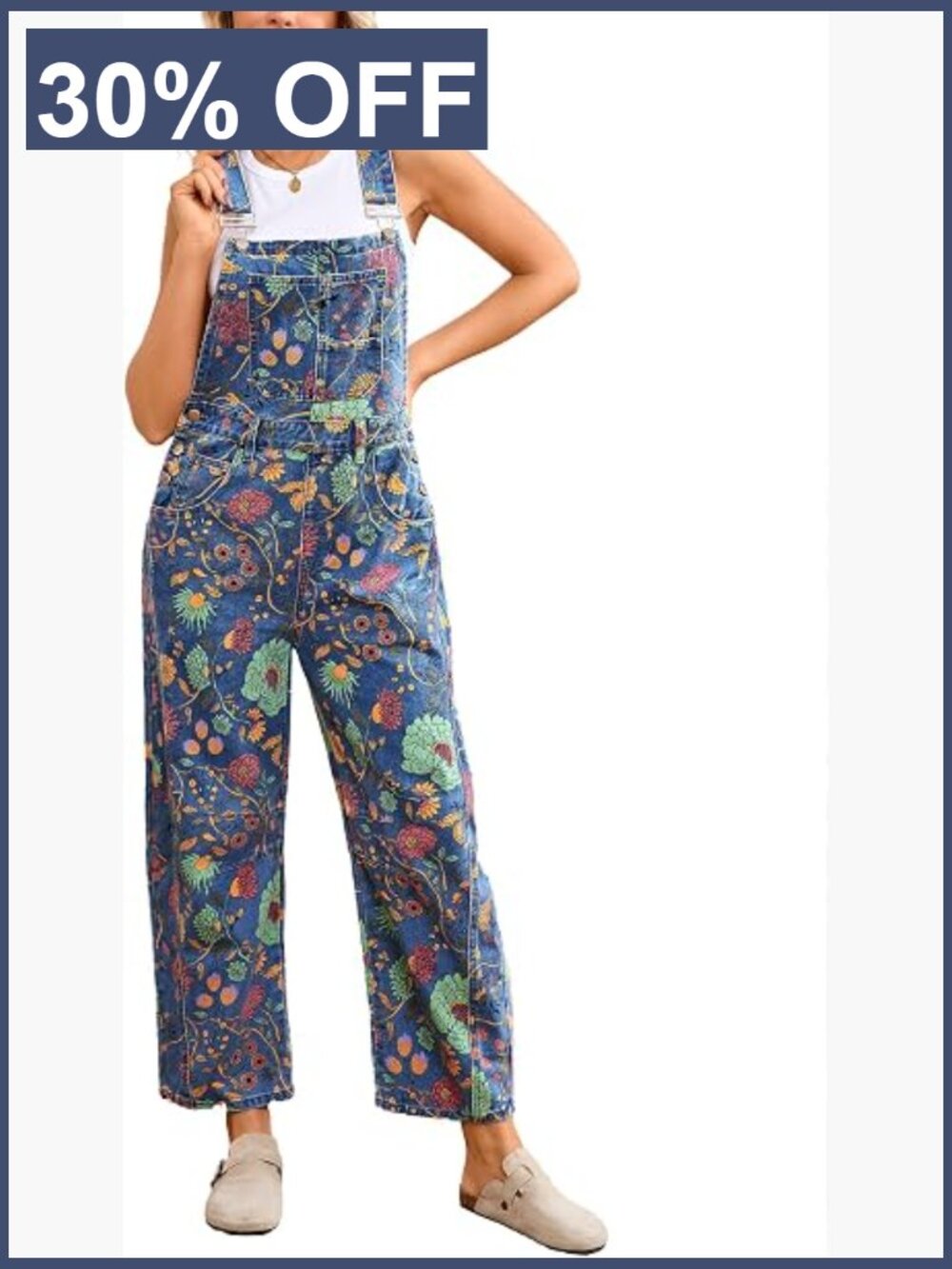 Womens Floral Overalls Wide Leg Denim Jumpsuit Adjustable Straps Pockets